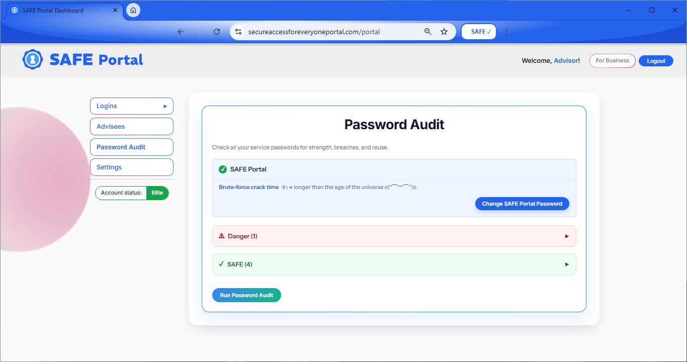 SAFE Portal checking the health of your saved passwords