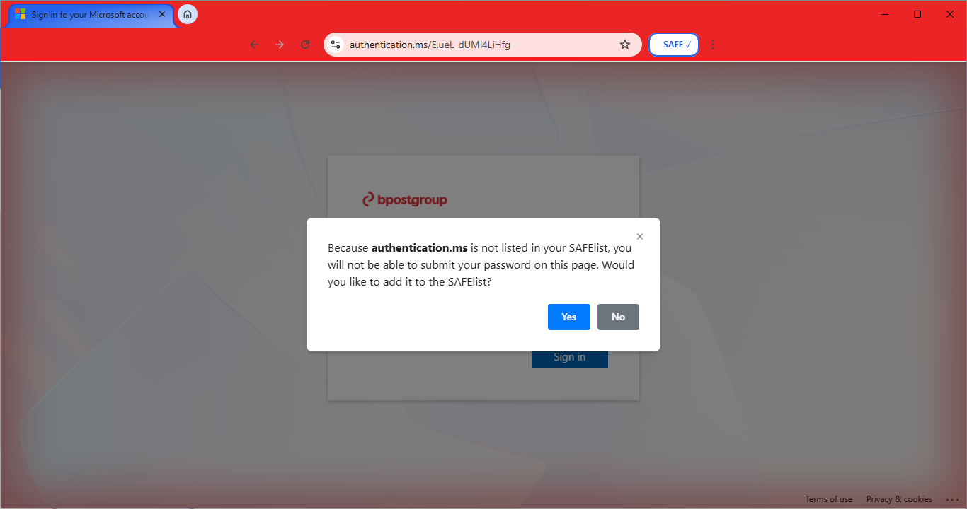 SAFE Portal catching a phishing site
