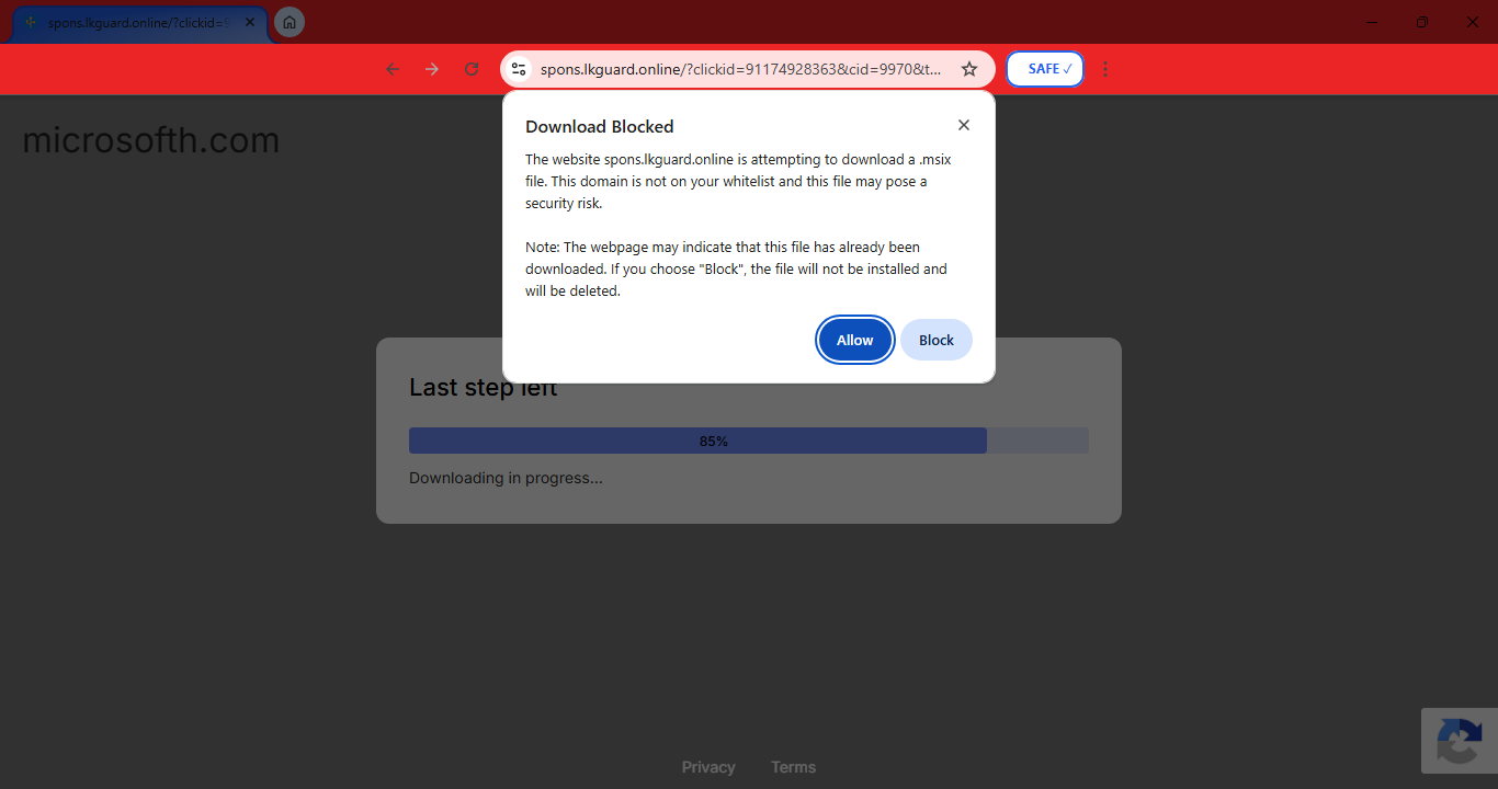SAFE Portal blocking a risky download
