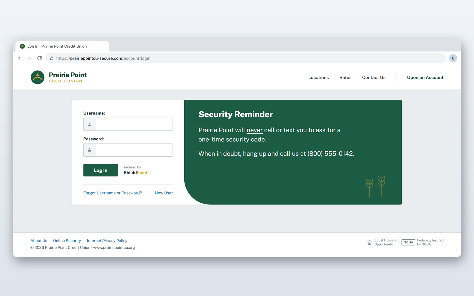 A pixel-perfect copy of the credit union's login page — the only tell is the lookalike address
