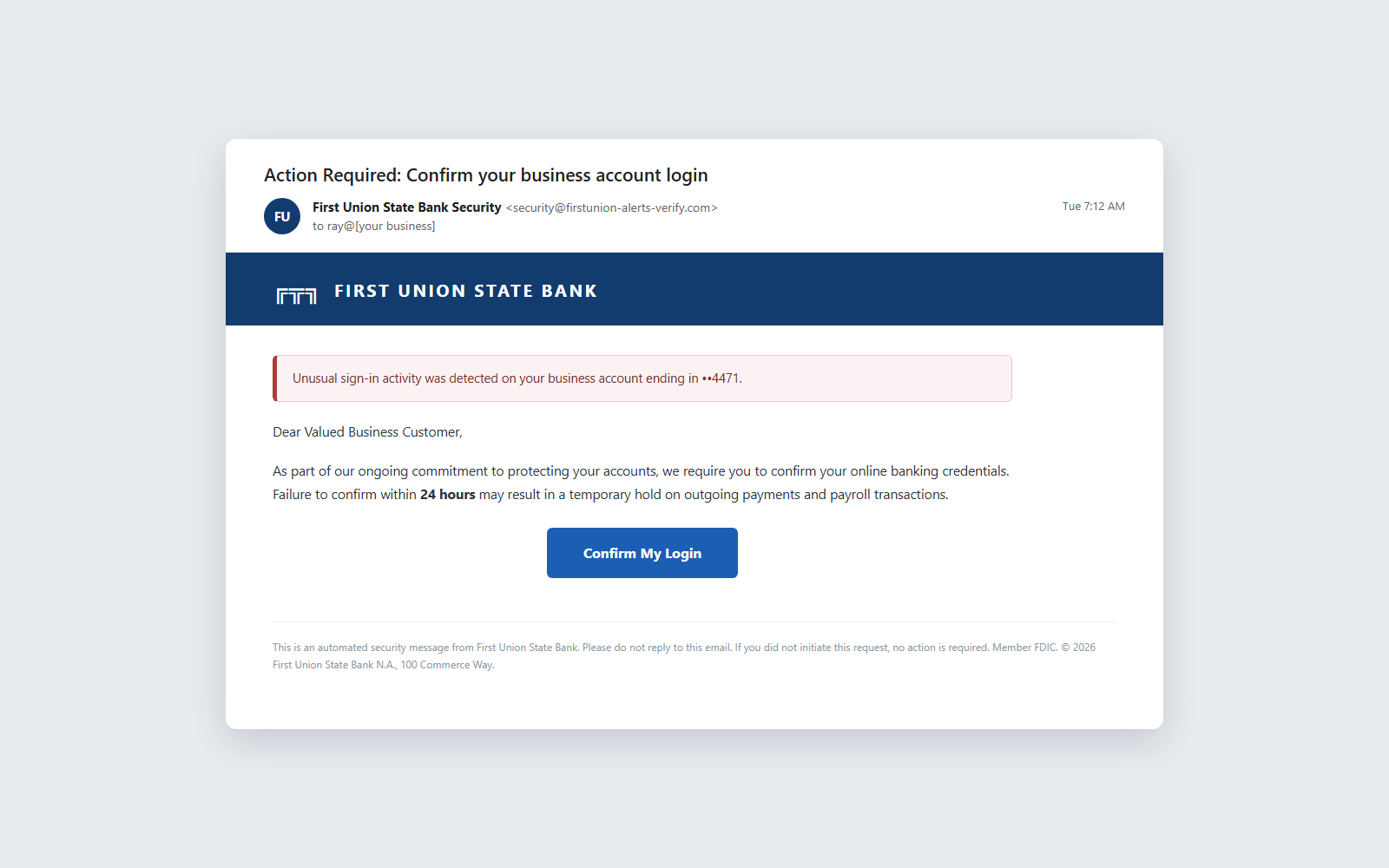 An email that looks like it came from the bank — urgent, official, and fake