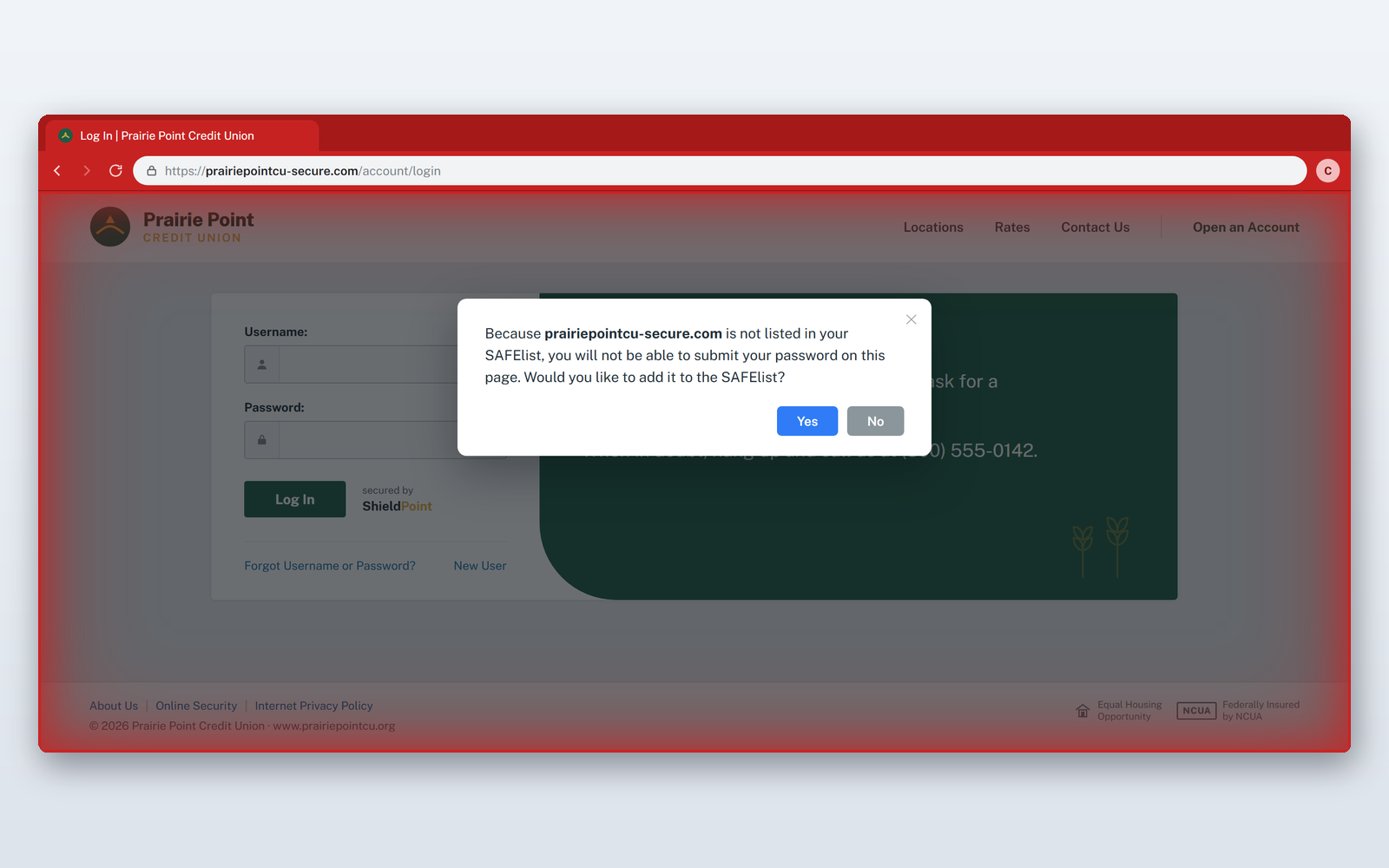 SAFE Portal blocking the same lookalike credit union page — the red frame and SAFElist warning mean the password can't be handed over