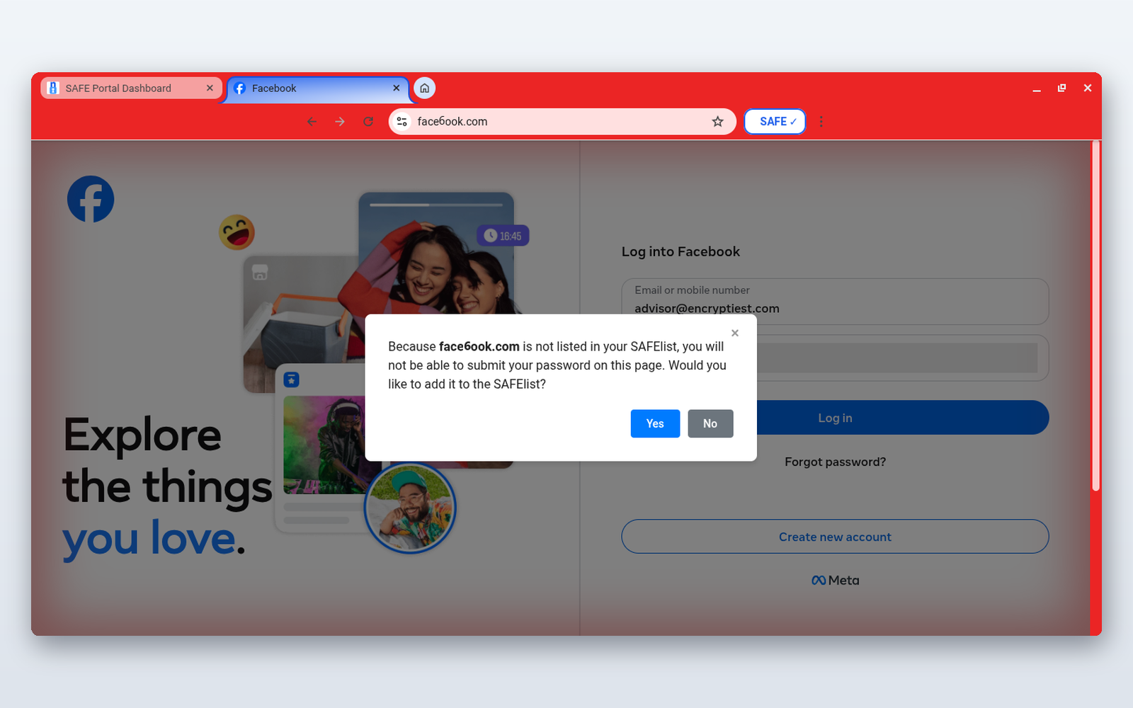 SAFE Portal catching the lookalike domain face6ook.com — a warning instead of a usable login box