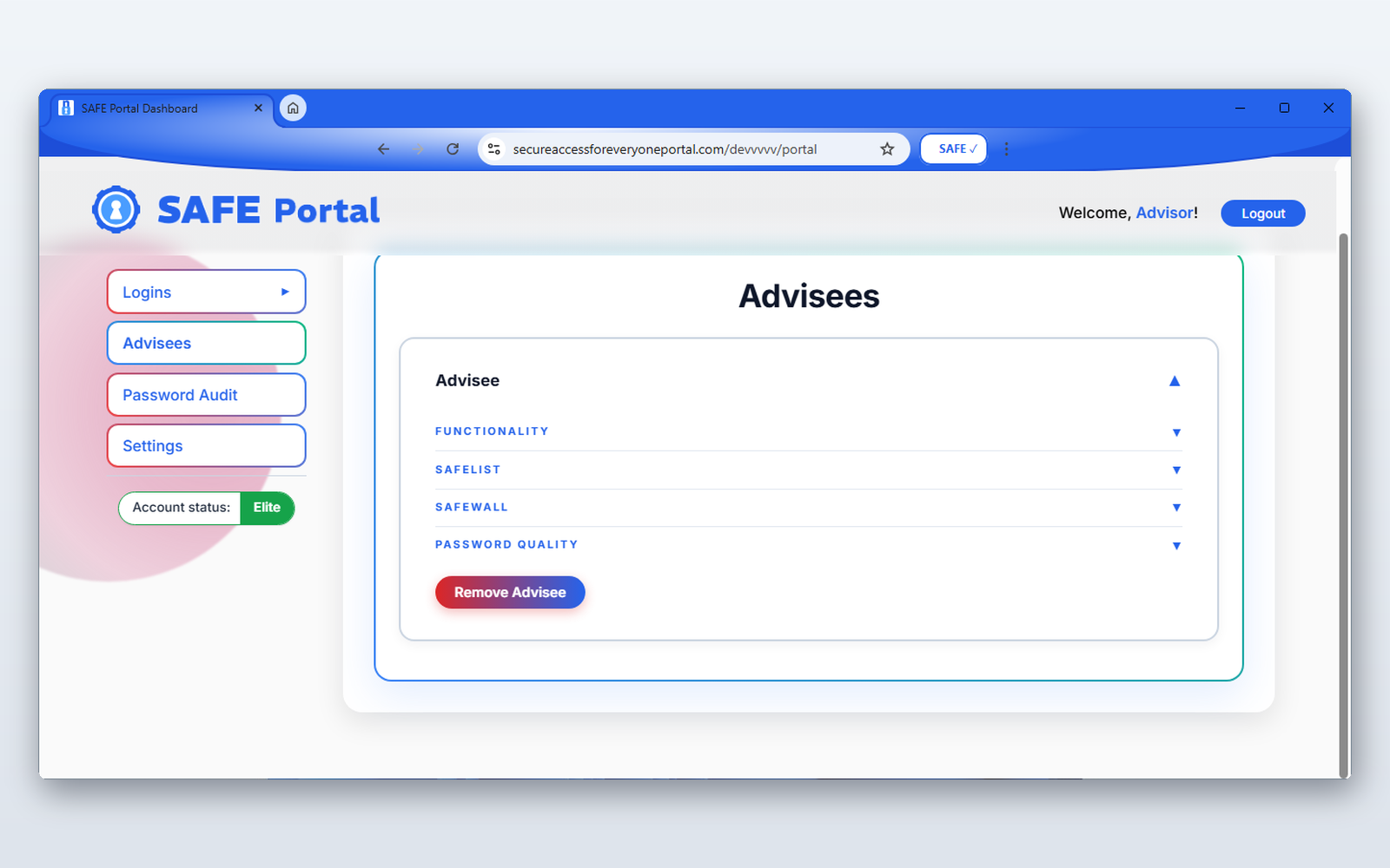 The SAFE Portal advisor dashboard: SAFElist, SAFEwall, and password quality controls for every employee account